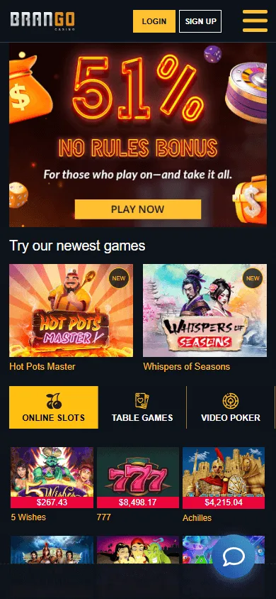 Brango Casino mobile games screen